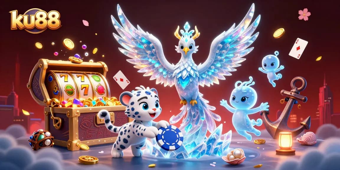 ku88 showcases a vibrant scene of a phoenix and cub amidst casino elements, evoking excitement.