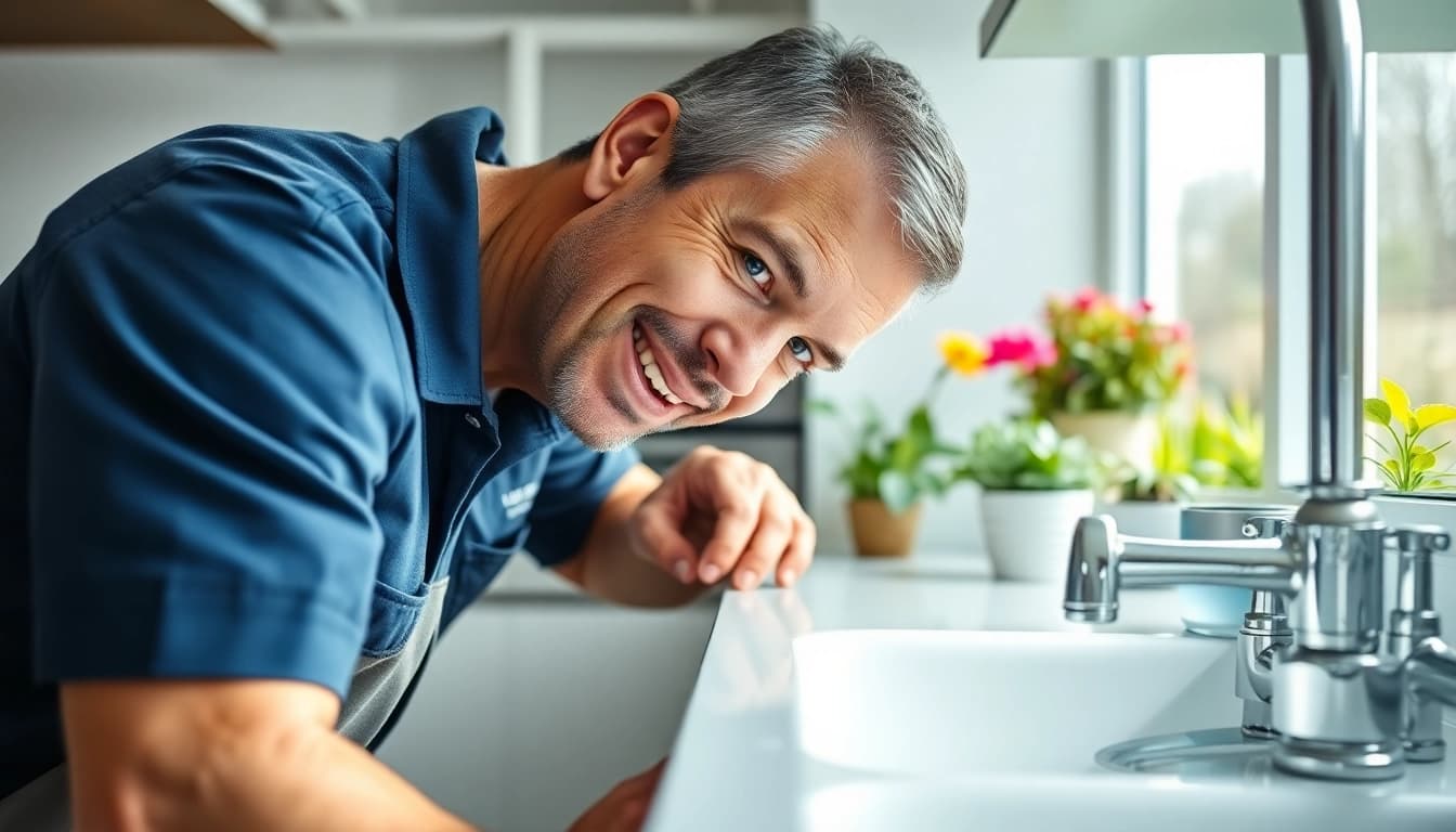Find a reliable Plumber near me fixing a leak in a modern kitchen setting.