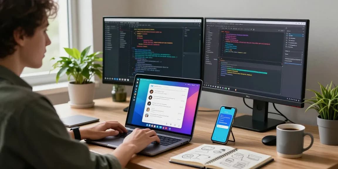 Accessing Telegram Web Version in a modern office workspace with vibrant chat interface and productivity elements.