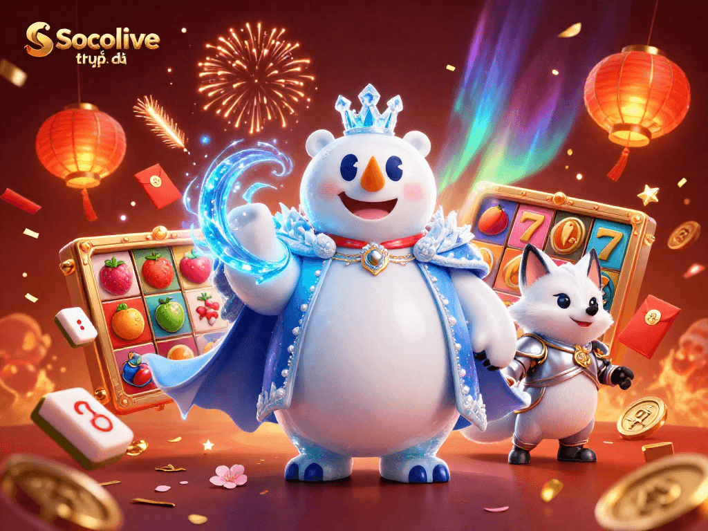 Join the action with Socolive trực tiếp, featuring a vibrant scene of exciting slot reels and festive decorations.