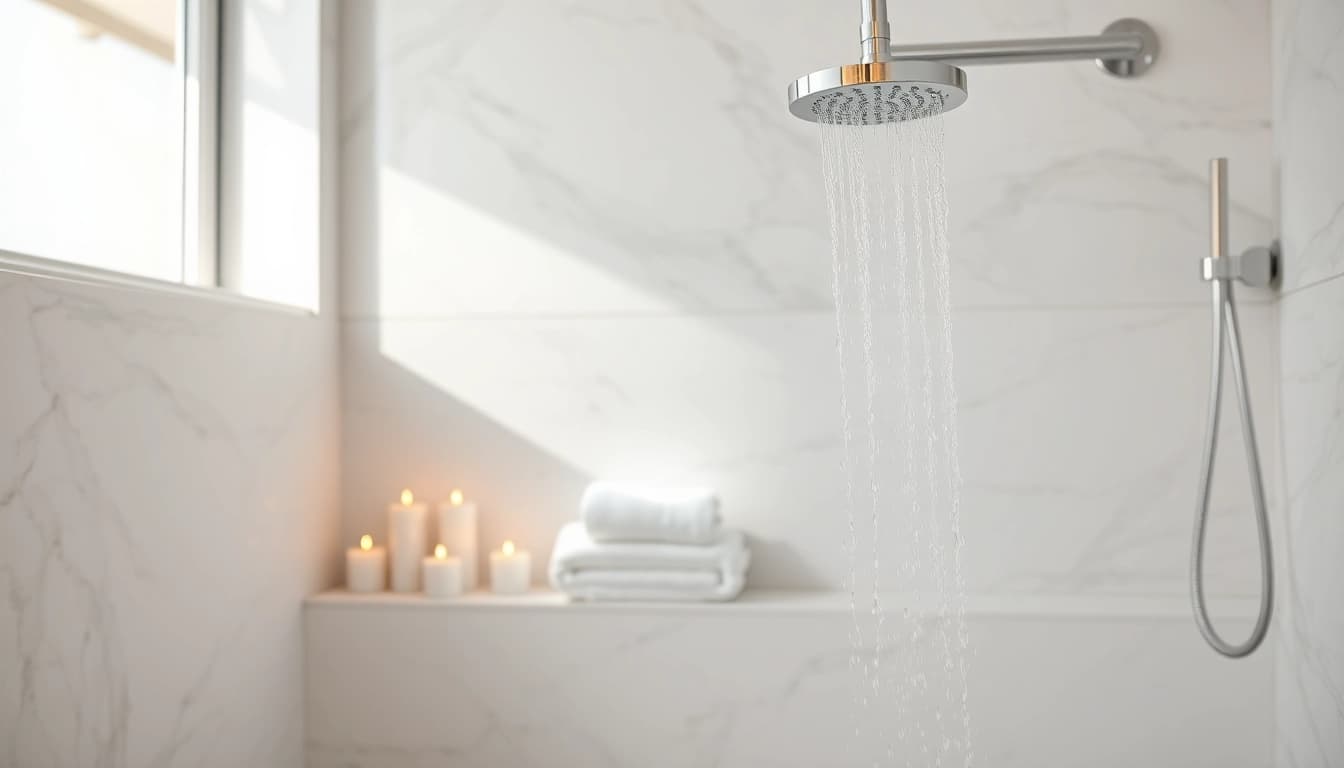 Experience elegant showers with a luxurious chrome setup in a serene bathroom ambiance.