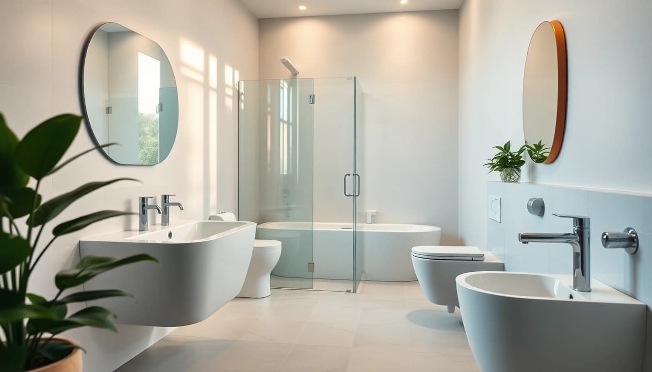 Sonni sanitär modernes Badezimmer mit eleganten Sanitärinstallationen und beruhigender Atmosphäre.