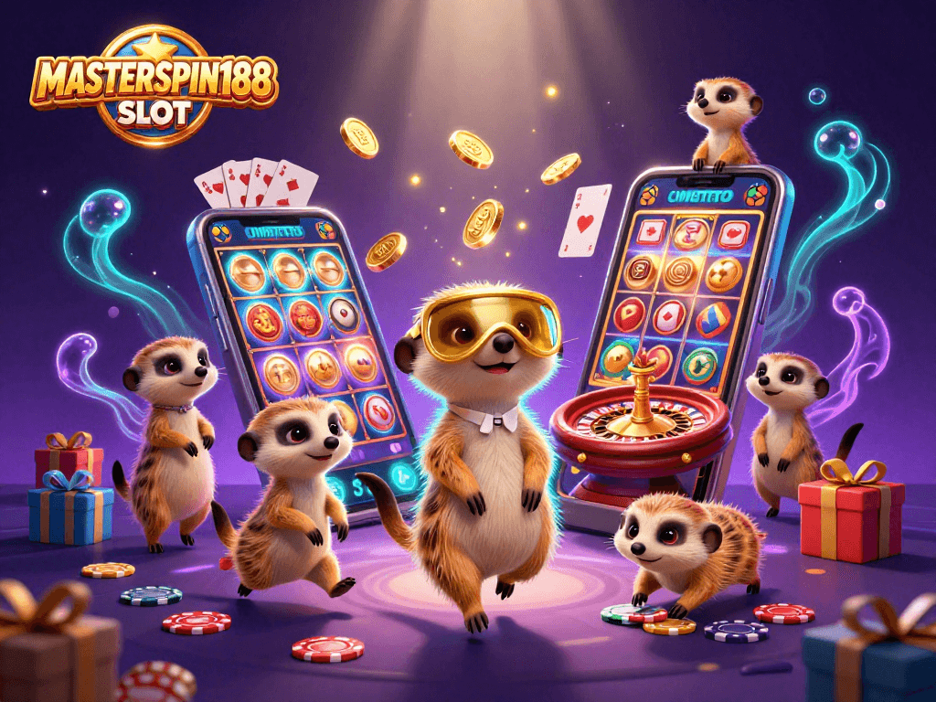 Engage with MASTERSPIN188 SLOT as meerkats run a vibrant casino operation in a colorful 3D scene.