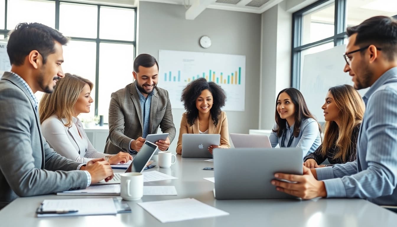 Team strategizing on Federal and State contracts during a business meeting in a modern office.