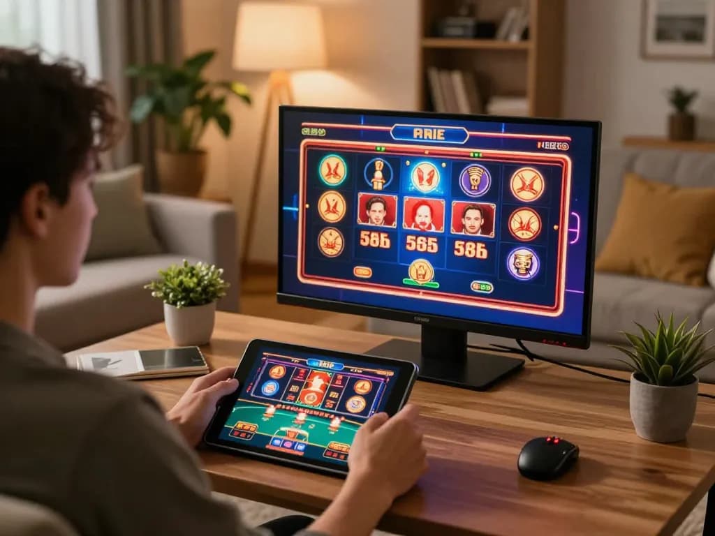 Engaging in online luck8 gameplay on a tablet in a cozy home setting with vibrant casino imagery.