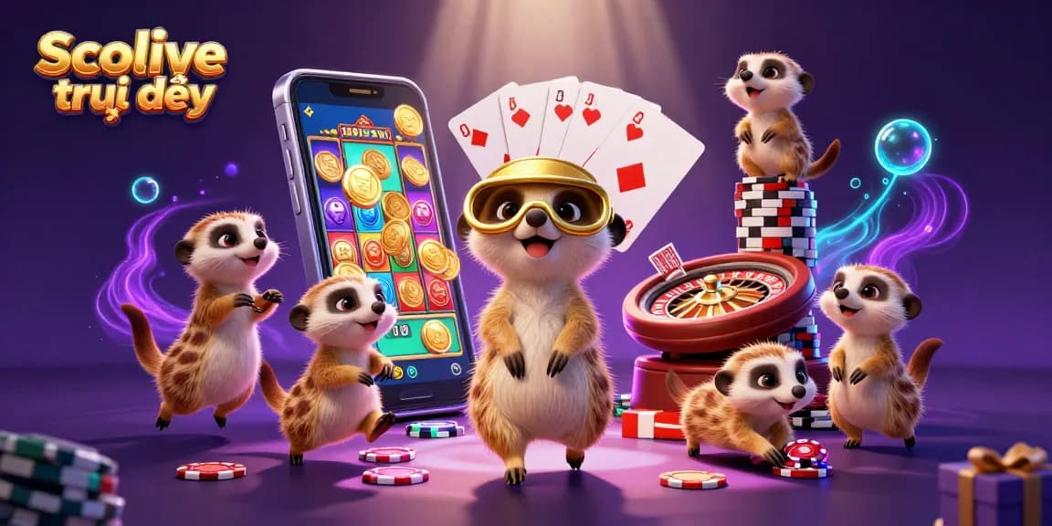 Socolive trực tiếp showcases a bustling meerkat-run casino scene, featuring vibrant games and dynamic slot inspirations.