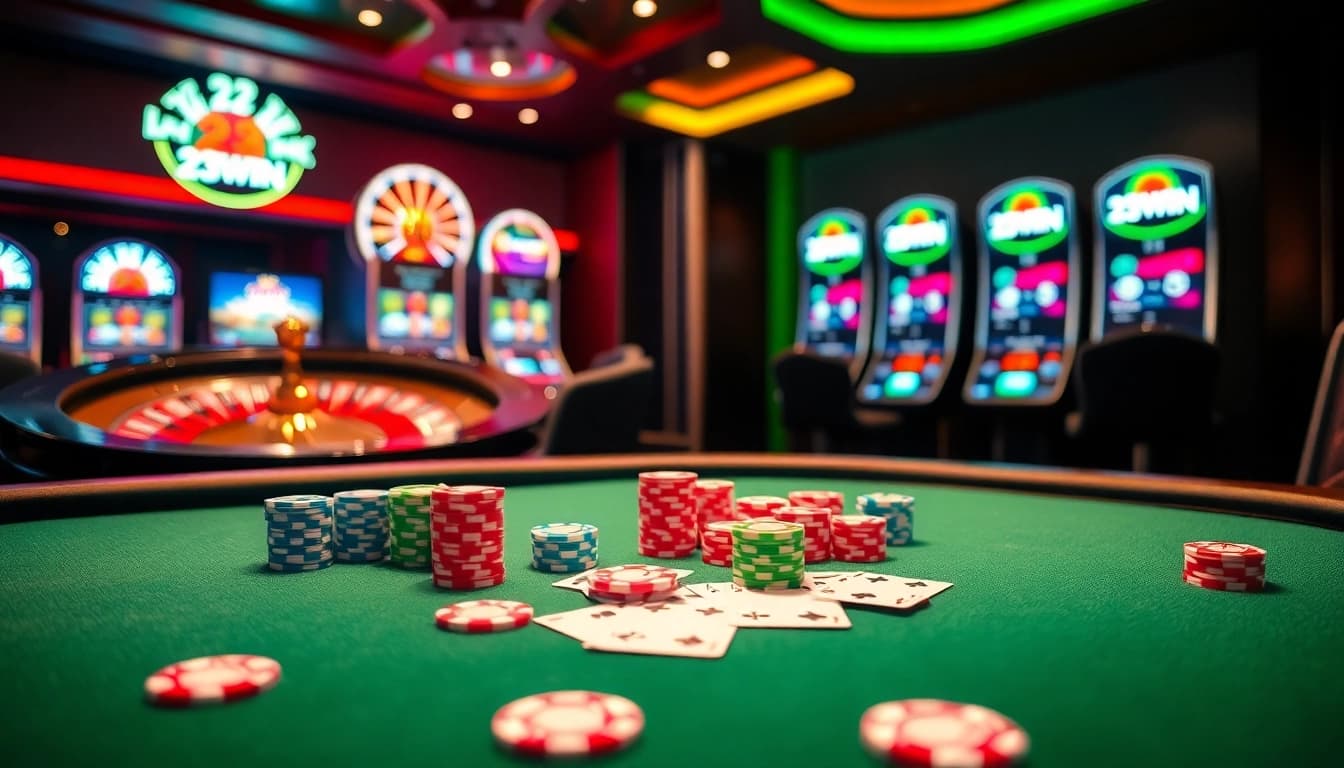 Experience the thrill of 23WIN casino with a vibrant poker table filled with chips and cards.