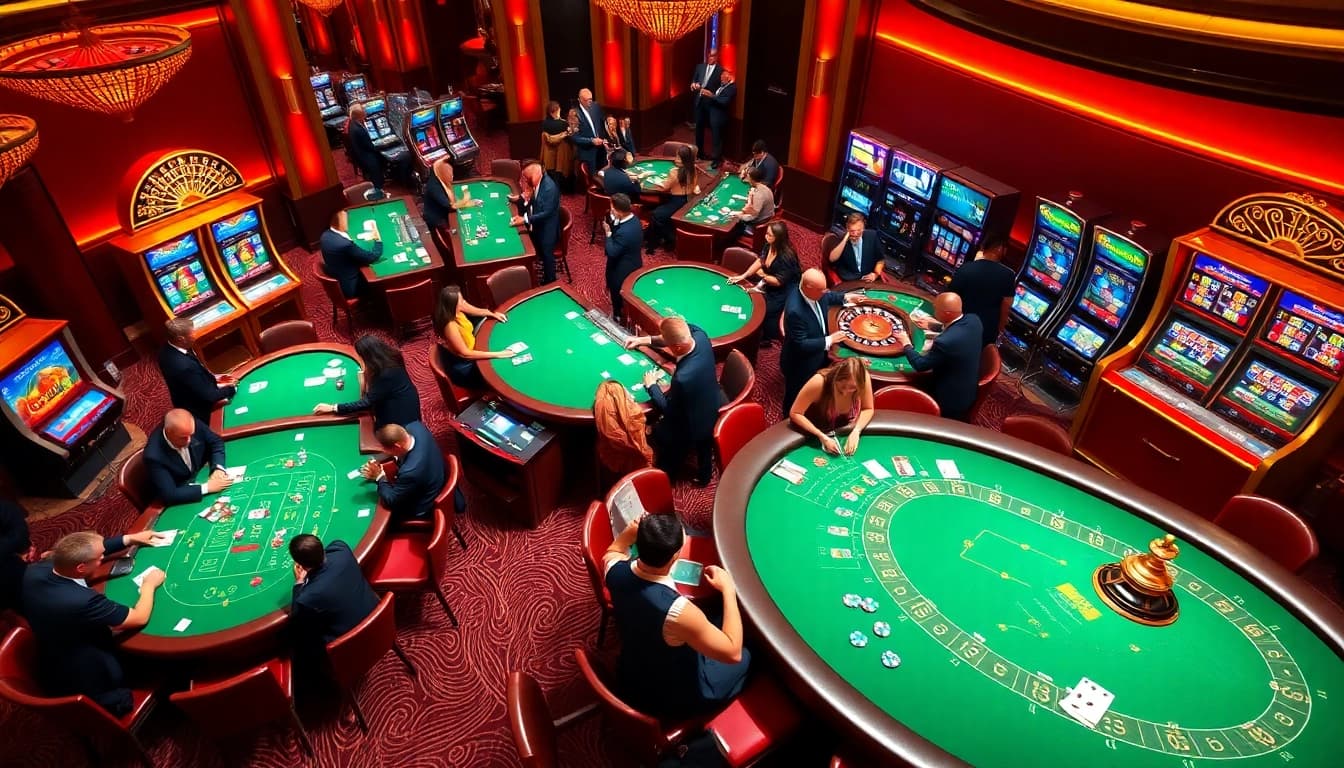 Players experiencing excitement at i9bet's vibrant casino, engaging with cards and betting.