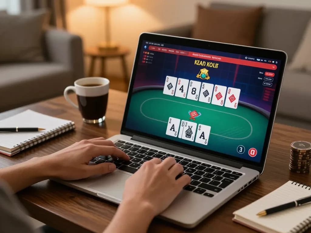Engaged player using luckywin platform to play poker online with a cozy home setup.