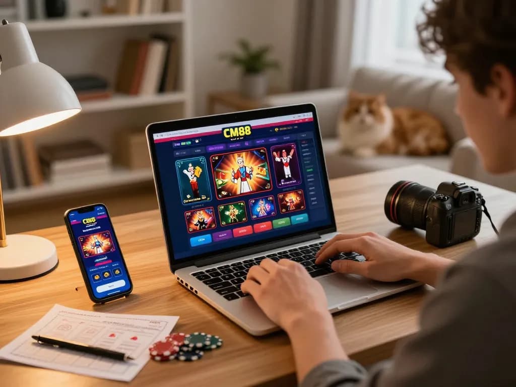 Player enjoying CM88 online casino gameplay on a laptop at home, showcasing a comfortable and engaging atmosphere.