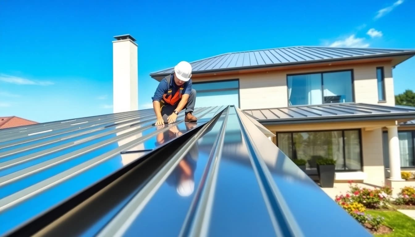 Metal roofing installation featuring a contractor working on a modern home.