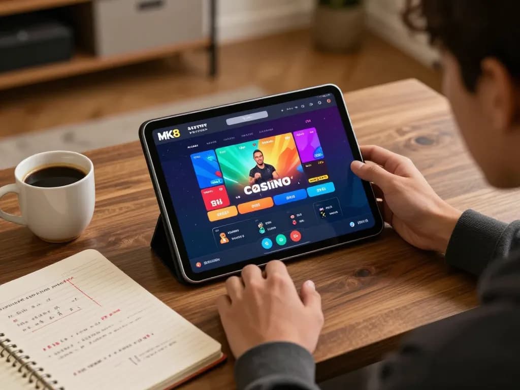 Player engaging in MK8 online casino gaming with tablet in a cozy home setting.