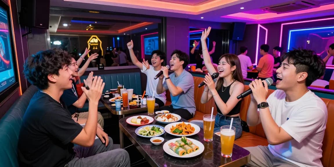 다낭 가라오케에서 친구들과 즐거운 시간을 보내는 모습, 화려한 조명과 현대적 인테리어가 특징인 공간