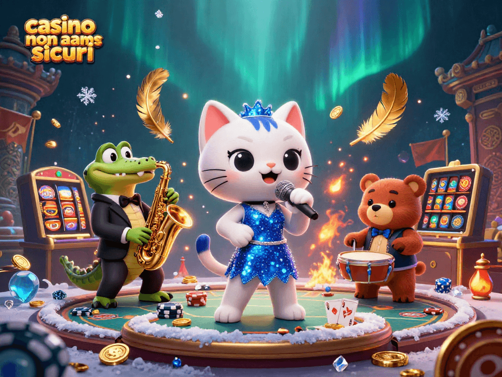 Il jazz-singer cat in un vestito blu canta nel casino non aams sicuri tra un coccodrillo e un orso cubo.