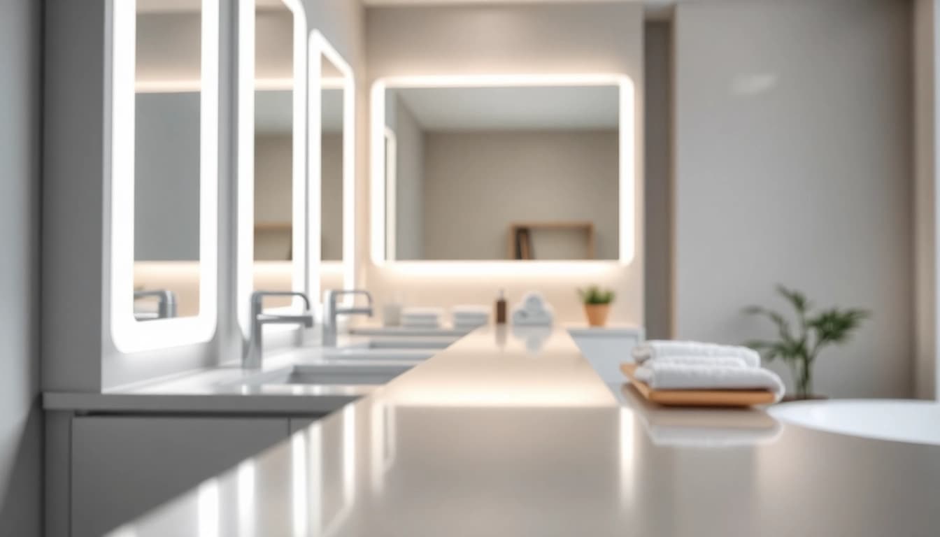 Illuminated bathroom cabinets showcase a sleek design with integrated lighting in a modern bathroom.