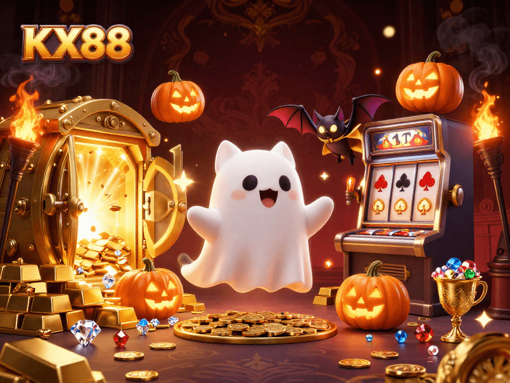KX88 players engaging with an enchanting ghost cat in a vibrant haunted casino scene filled with treasures.