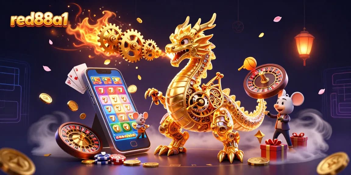 Engage with red88a1's thrilling games featuring a biomechanical dragon amidst dynamic casino elements.