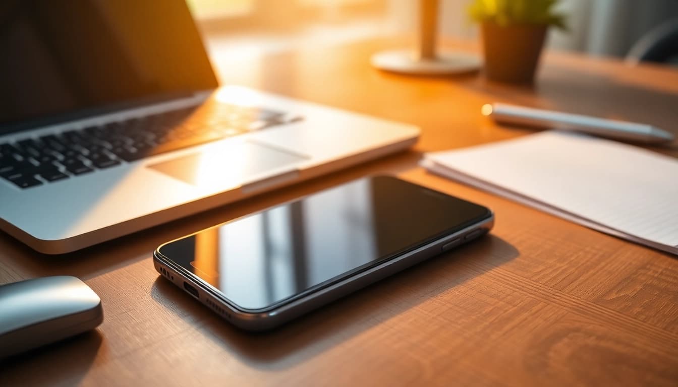 Cash For Phone highlighted on a smartphone amidst a modern workspace scene.