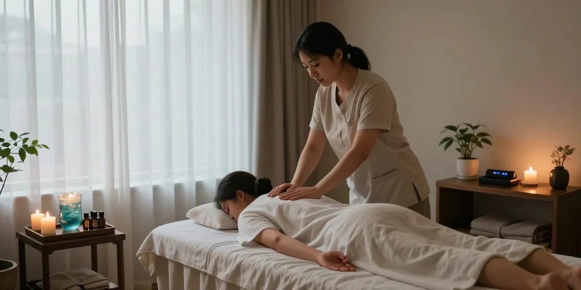 Relaxing 마포출장마사지 in a tranquil massage therapy room with calming decor.