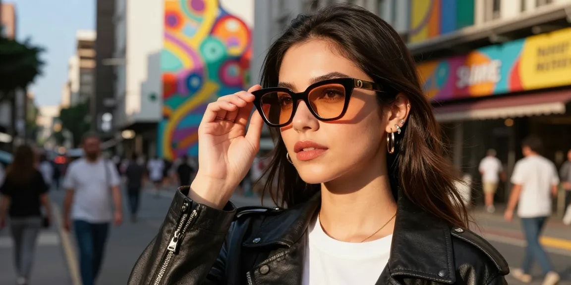 Chic woman wearing óculos de grau feminino in urban setting, showcasing modern style.