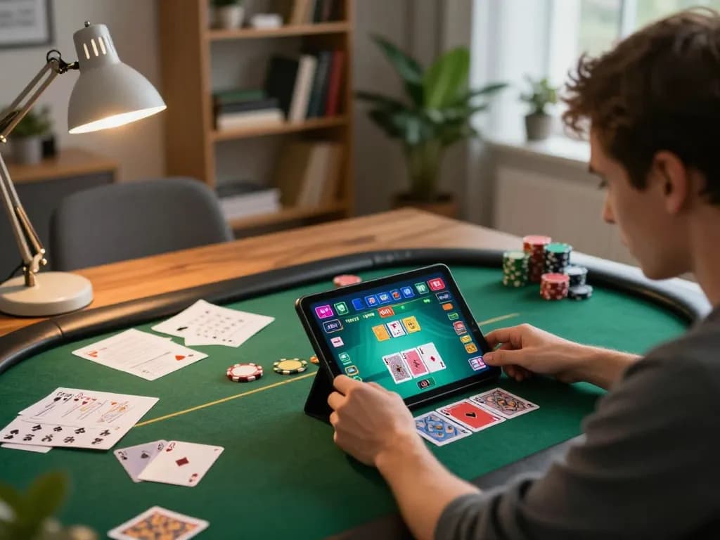 Engaging gameplay at 3win with a player strategizing poker moves on a tablet in a cozy setting.