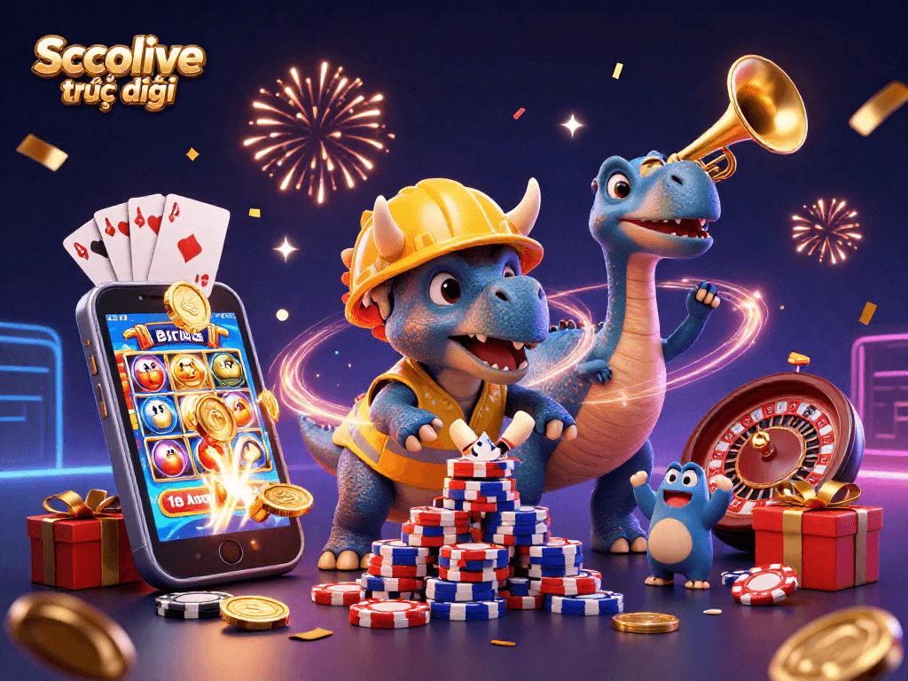 Socolive trực tiếp celebrates with a triceratops and friends amidst vibrant casino elements.