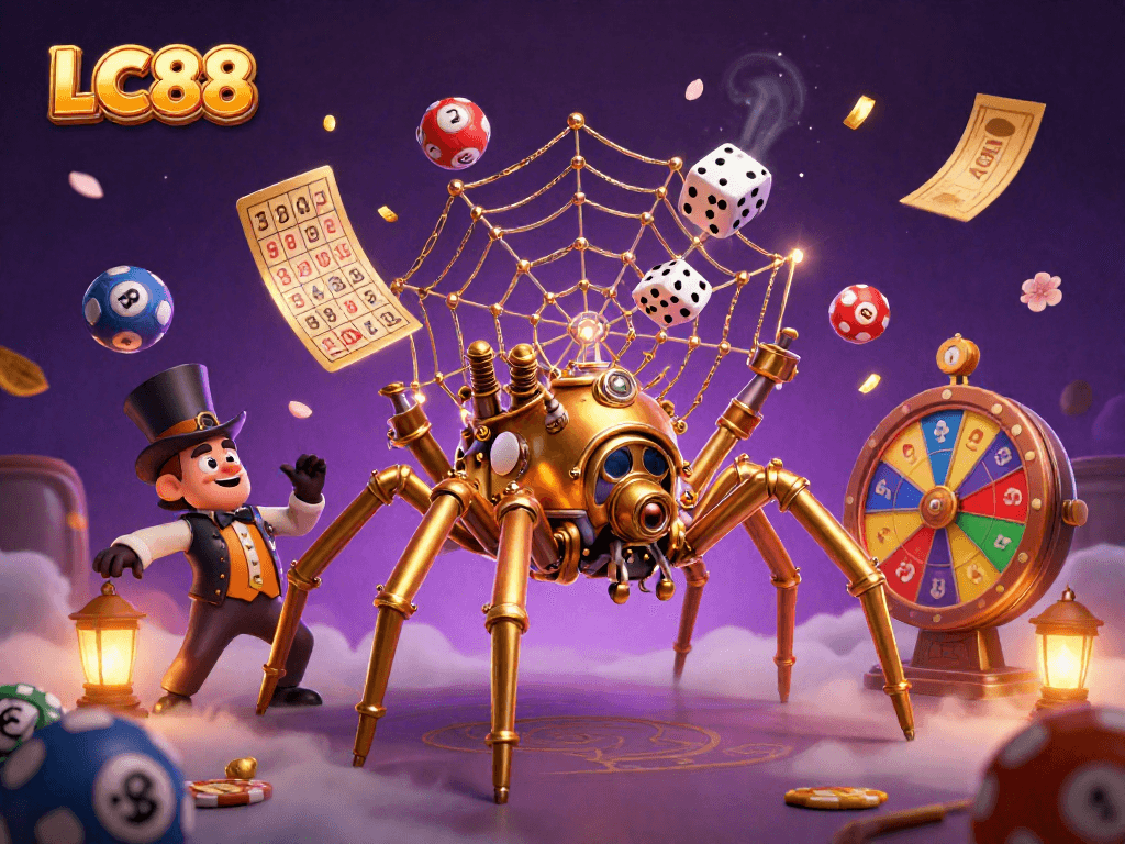 Engage with vibrant LC88 lottery and casino elements in a rich, dynamic 3D scene