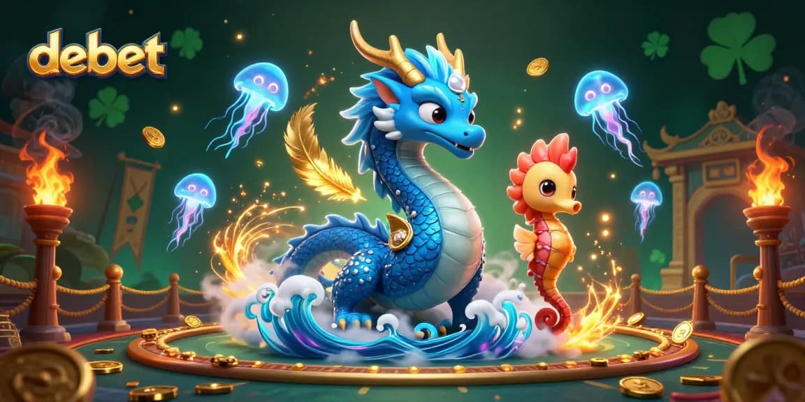 Engage in thrilling casino adventures with debet's vibrant illustration of a dragon and seahorse knight.