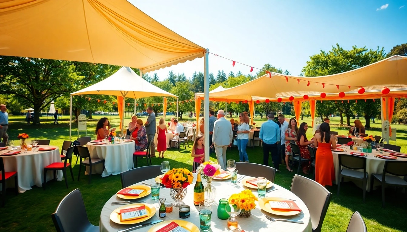 Host an unforgettable event with Outdoor Party Rentals featuring cheerful guests and elegant decorations.