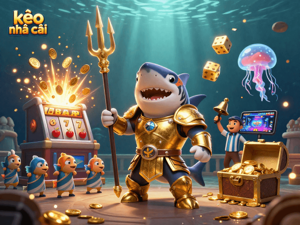 Experience kèo nhà cái excitement with a 3D shark gladiator amid vibrant casino-themed elements.