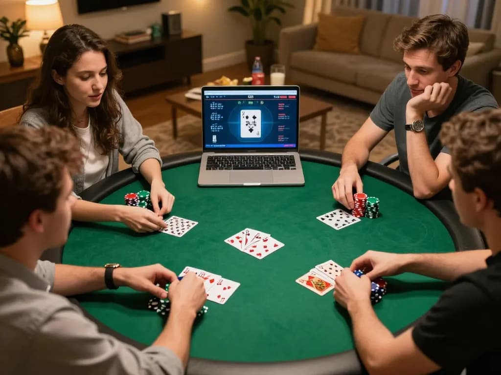 LC88 online poker game captures friends strategizing and raising stakes during a home game night