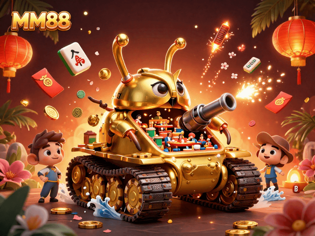 Experience the excitement of MM88 with a vibrant illustration of a miniature casino in an amazing tank.