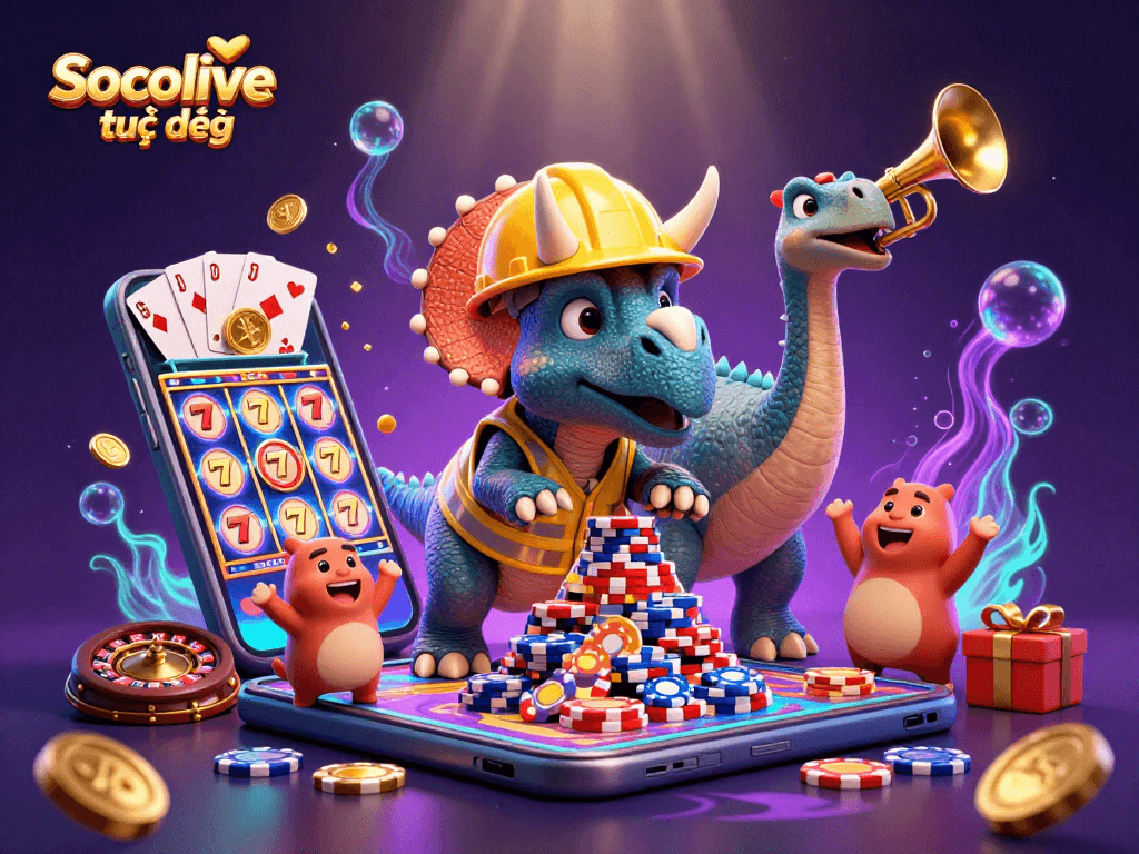 Socolive trực tiếp showcases a lively casino scene with animated characters building poker chip pyramids amidst slot games and roulette wheels.