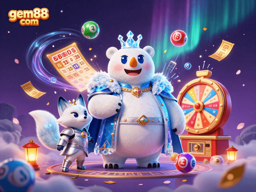 Experience the thrill at gem88 com with captivating lottery and bingo elements in a vibrant, dynamic scene.