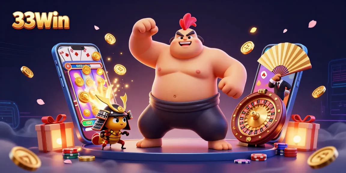 33Win captivates with its dynamic casino scene featuring a powerful sumo wrestler, samurai cricket, and exciting game elements.