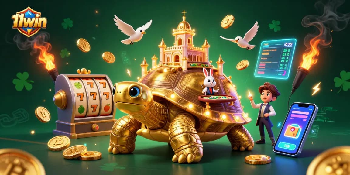 Engage with 11win's thrilling slot games featuring a golden tortoise and colorful dealer in an animated scene.