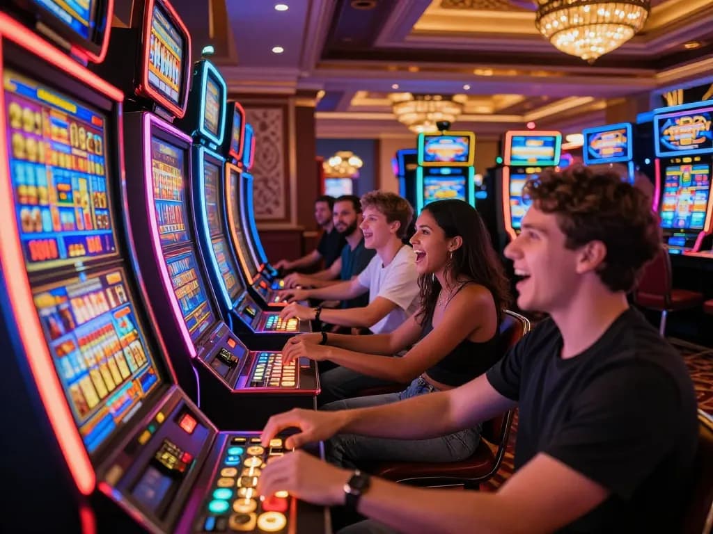 Players celebrating wins while engaging with SLOT machines in a lively casino atmosphere
