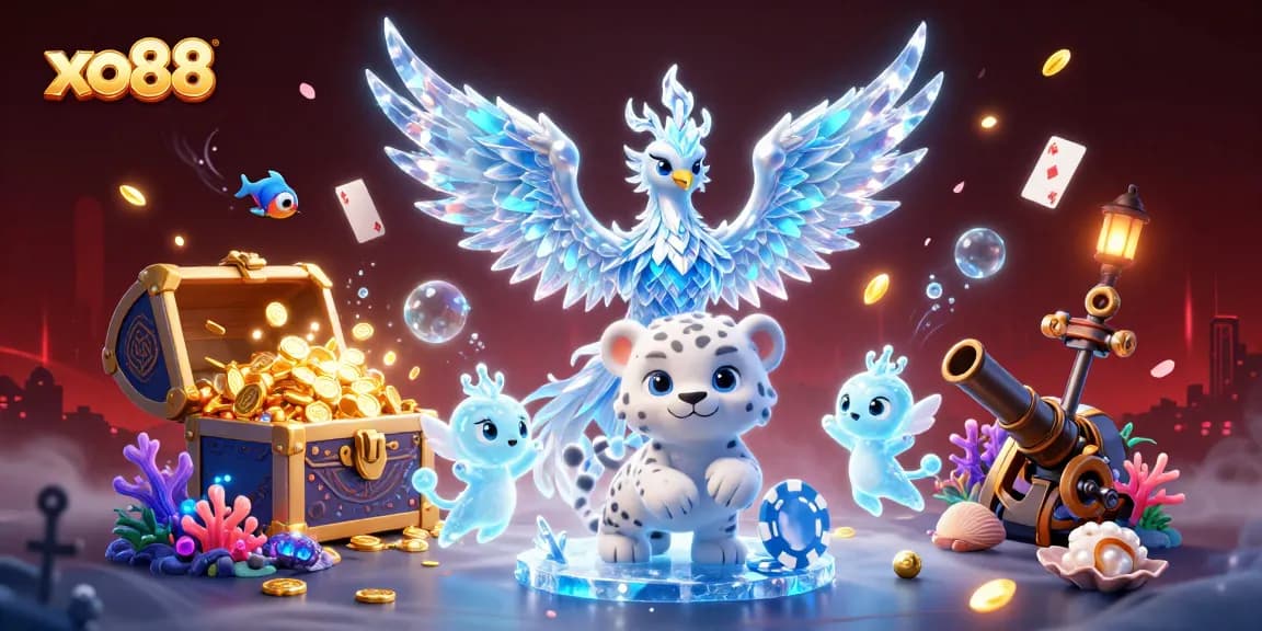 Bet on exciting games at xo88 with a magical scene featuring an ice phoenix, a snow leopard, and playful sprites.