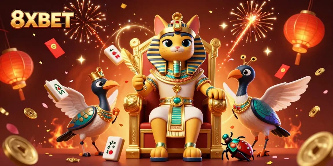 Engage with thrilling games at 8XBET featuring rich illustrations of Egyptian-themed characters and vibrant casino elements.