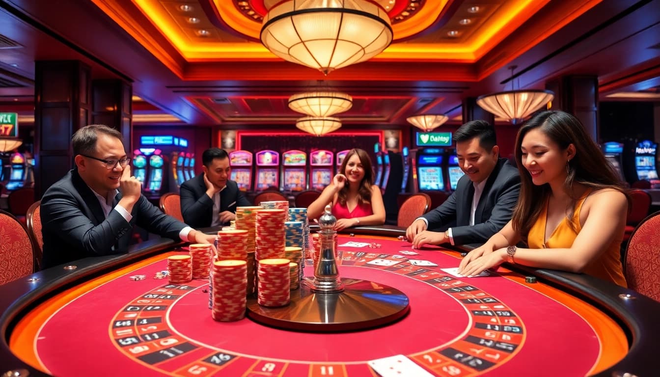 Players enjoying a thrilling game at the U888 casino table, surrounded by vibrant lights and colorful chips.