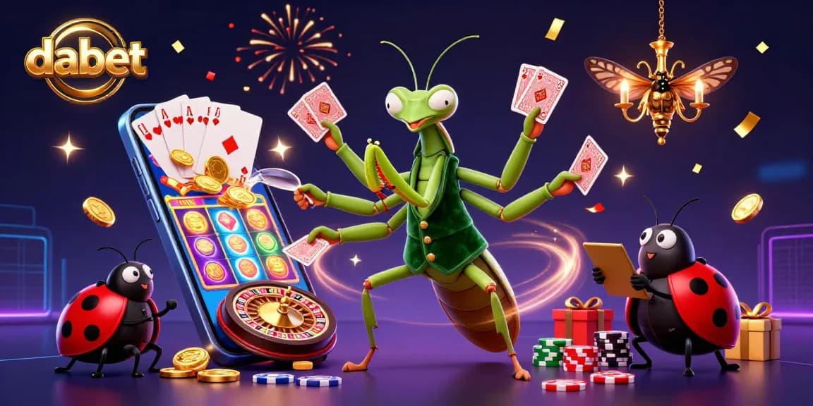 dabet showcases vibrant casino excitement with animated characters dealing cards and pouring champagne.