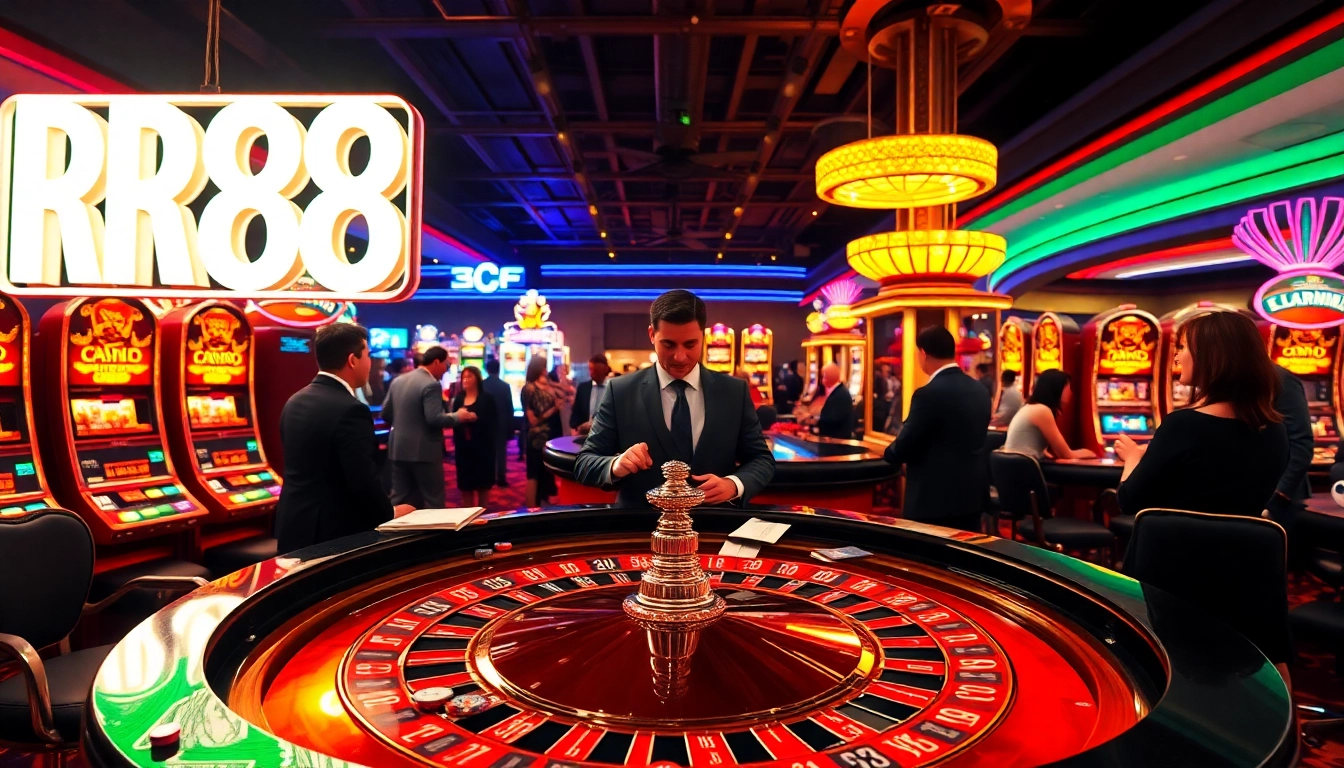 Gambling enthusiasts enjoying a luxurious casino experience at RR88, featuring roulette and poker.