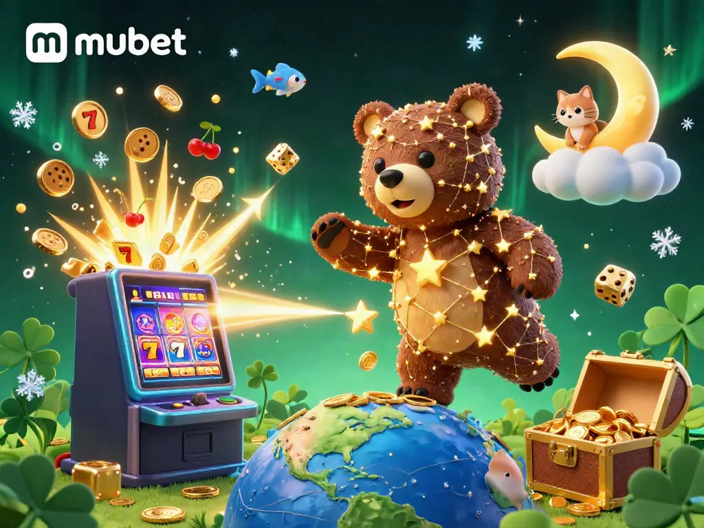 Experience excitement with mubet's stunning 3D casino scene featuring a constellation bear, coins, and slot machines.