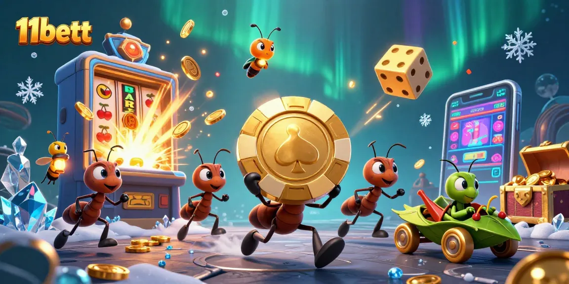 Engage in thrilling casino adventures with 11bett while an ant crew carries a giant poker chip through a vibrant scene.