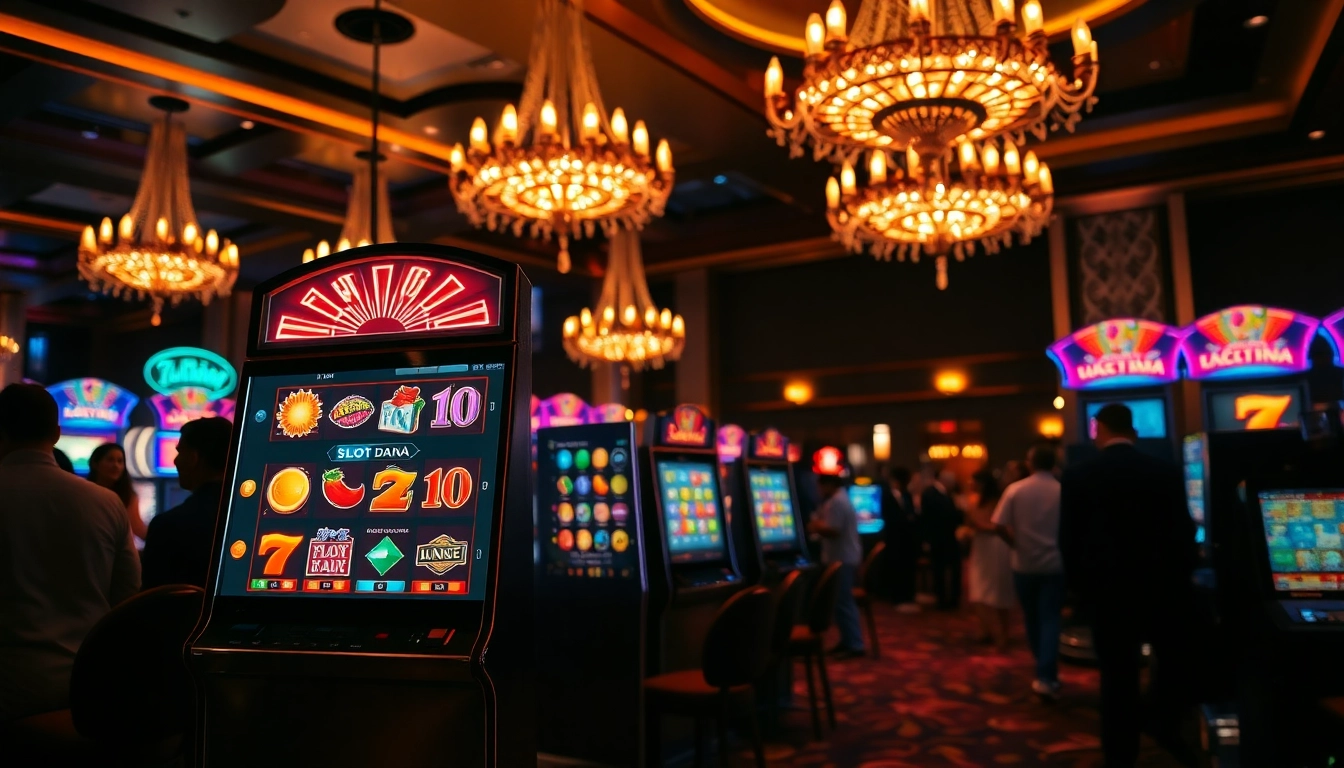 Menangkan Slot Dana di mesin slot mewah yang dikelilingi suasana kasino yang meriah.