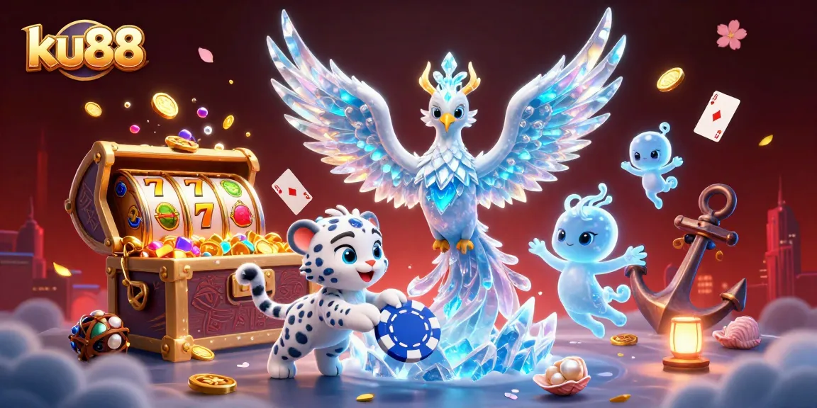 ku88 showcases a vibrant scene of a phoenix and cub amidst casino elements, evoking excitement.