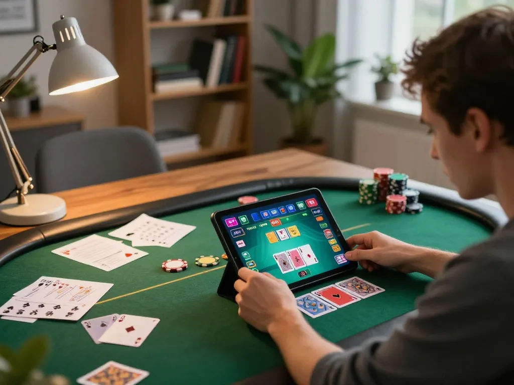 Engaging gameplay at 3win with a player strategizing poker moves on a tablet in a cozy setting.