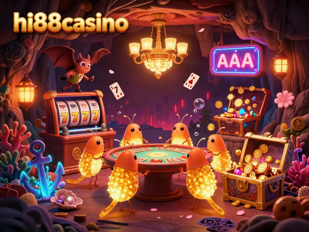 Experience the excitement of hi88casino with vibrant glowworms illuminating a lively cave casino scene.