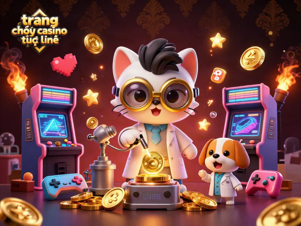 Chơi trang chơi casino trực tuyến với hình ảnh hoạt hình 3D sắc nét về nhân vật mèo và chó trong phòng thí nghiệm.