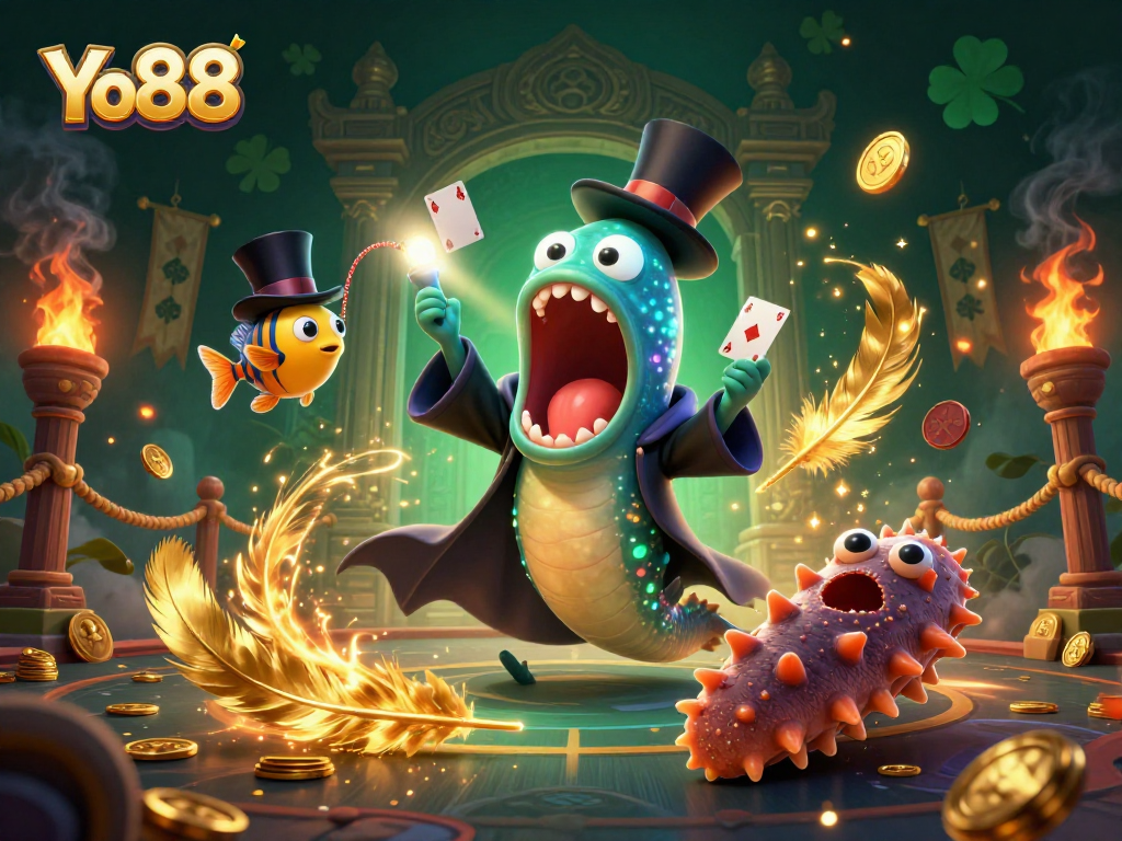 Experience the magic of Yo88 with a deep-sea eel performing card tricks in an enchanting casino setting.